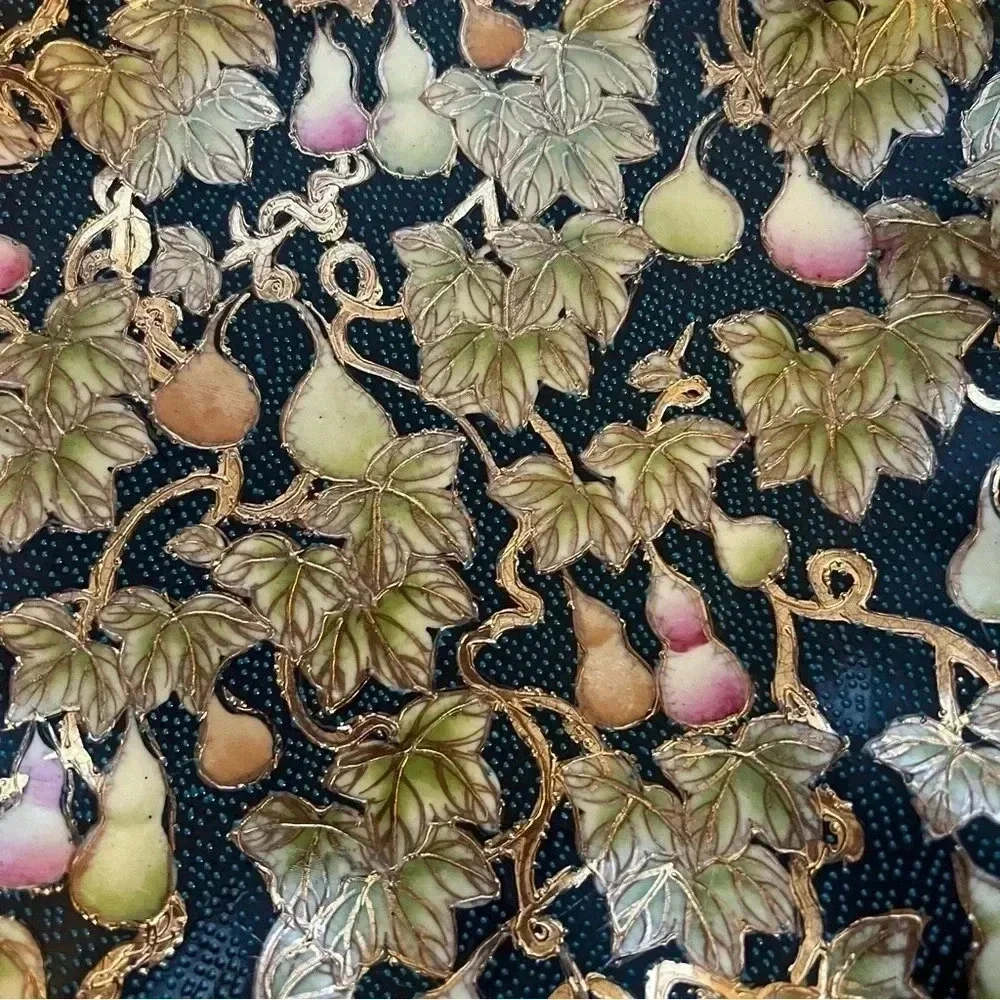 Chinese fluted cloisonné‎ plate fruit foliage gold metallic green blue textured